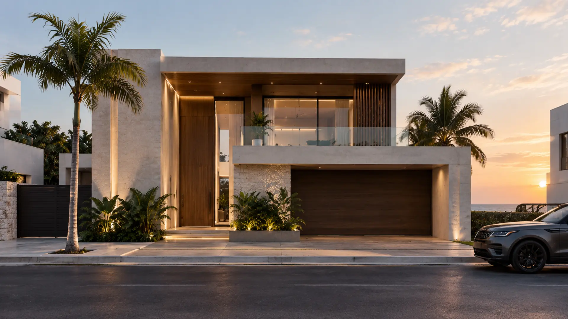 Sala y comedor de una residencia GCA4 en Riviera Maya, acabados en piedra travertino y madera