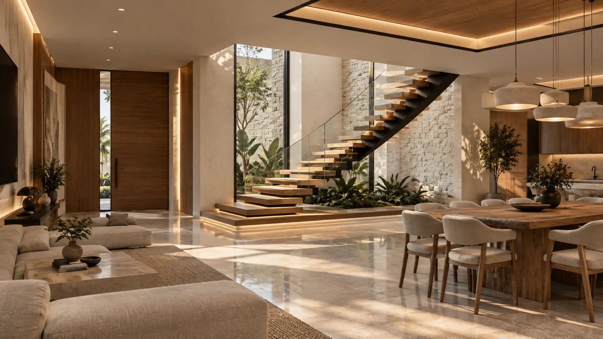 Escalera flotante de madera en una residencia GCA4, con muro de piedra y vegetación interior